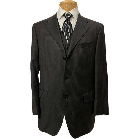 CANALI Men's Two Piece Sports Coat Vest Charcoal Gray Orange Striped Size 44 L - Picture 6 of 11